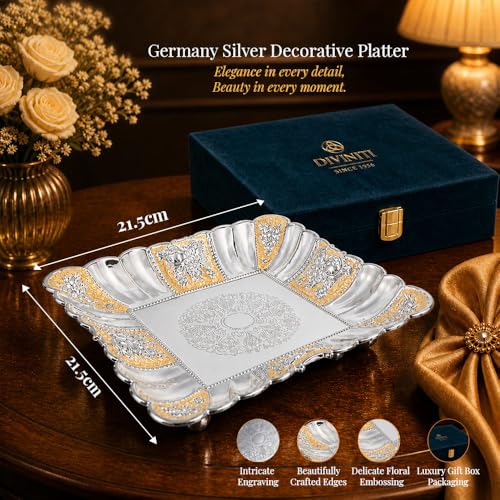 Image of Diviniti German Silver Decorative Tray for Home Decor | Square Floral Embossed Platter | Luxury Center Table Accent for Living Room & Dining Decor | Premium Decorative Gift with Box