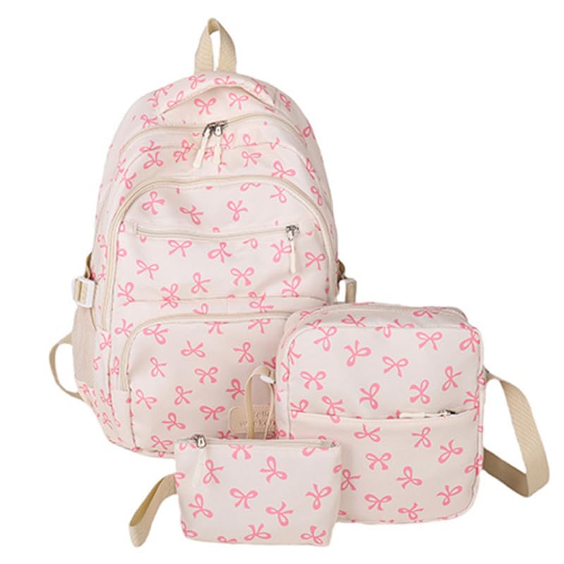 3Pcs Coquette Bow Backpack Set for Girls, Preppy Rucksack Cute Kawaii School Bookbag Kawaii Aesthetic Daypack (Pink)