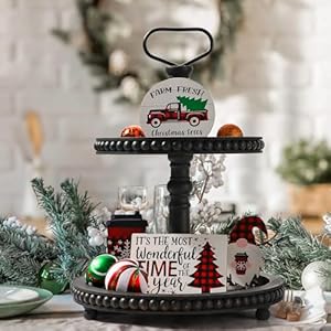 Handmade Two Tiered Tray Stand Small Beaded Tiered Seasonal Tray Decor Black Wooden Kitchen Serving Tray for Coffee Food Fruits Cupcakes Home Decor Holiday Display