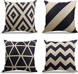 WEYON Set of 4 Decorative Square Cushion Covers,Geometric Pattern for Living Room Sofa Bedroom Office with Invisible Zipper, Decor Cotton Linen (Black & White Geometry, 16x16 in)