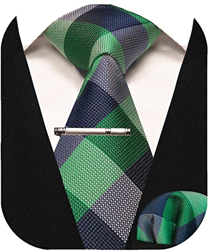 Image of RBOCOTT Silk Stripe Plaid Tie and Pocket Square with Tie Clip Sets for Men