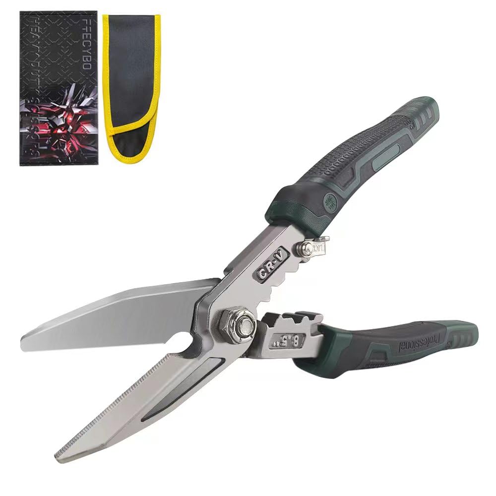 Heavy Duty Industrial Scissors 8.5'', Utility Sharp Aviation Tin Snips, Finely Serrated CR-V Blades with Safety Lock, for Cutting Wires, Cardboard,