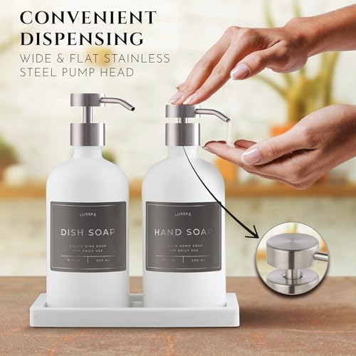 Glass Soap Dispenser Set of 2 (White) with Silicone Tray | Hand and Dish Soap Dispenser for Kitchen and Bathroom | 16.8 Oz Glass Bottles with Stainless Steel Pump & 15 Waterproof Labels (White/Silver) - image 4