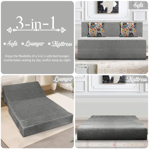 Image of Los Angeles Foldable Two Seater Sofa Cum Bed, Sofa Bed 4 X 6 Feet Jute Fabric Washable Cover- Including Cushion Perfect for Living Room - Grey