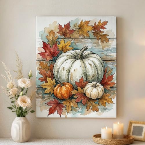 Lienzo tradicional de hojas y calabazas arte de pared otoñal rústico