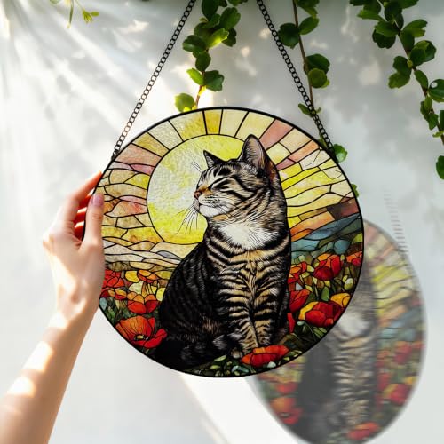 Stained Glass Window Hanging, 8 Inch Tabby Cat Suncatcher, Sun Catchers Indoor Window Ornaments, Suncatchers for Windows Hanging, Spring Home Garden Decor Panel Cat Lovers Gifts for Mom Grandma Wife by AXmospo - Used condition - Image 3
