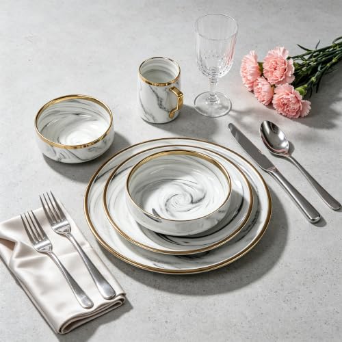 HomeVss 20 Piece Plates and Bowls Sets, Fine China Artisan Marbled Dinner Set for 4, Dishwasher Safe, Scratch Resistant, Grey with Gold Line - image 4