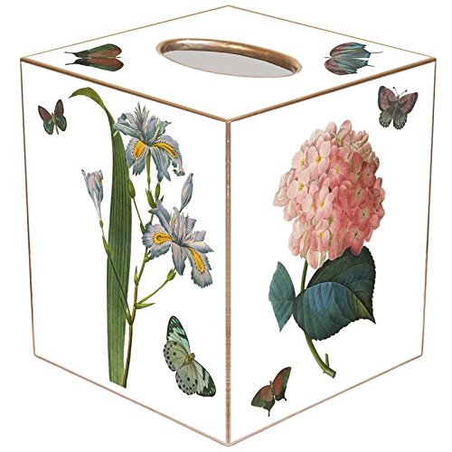 White-Pink Roses, Pink Hydrangea, Blue Irises, and Blue Lotus Paper Mache Tissue Box Cover