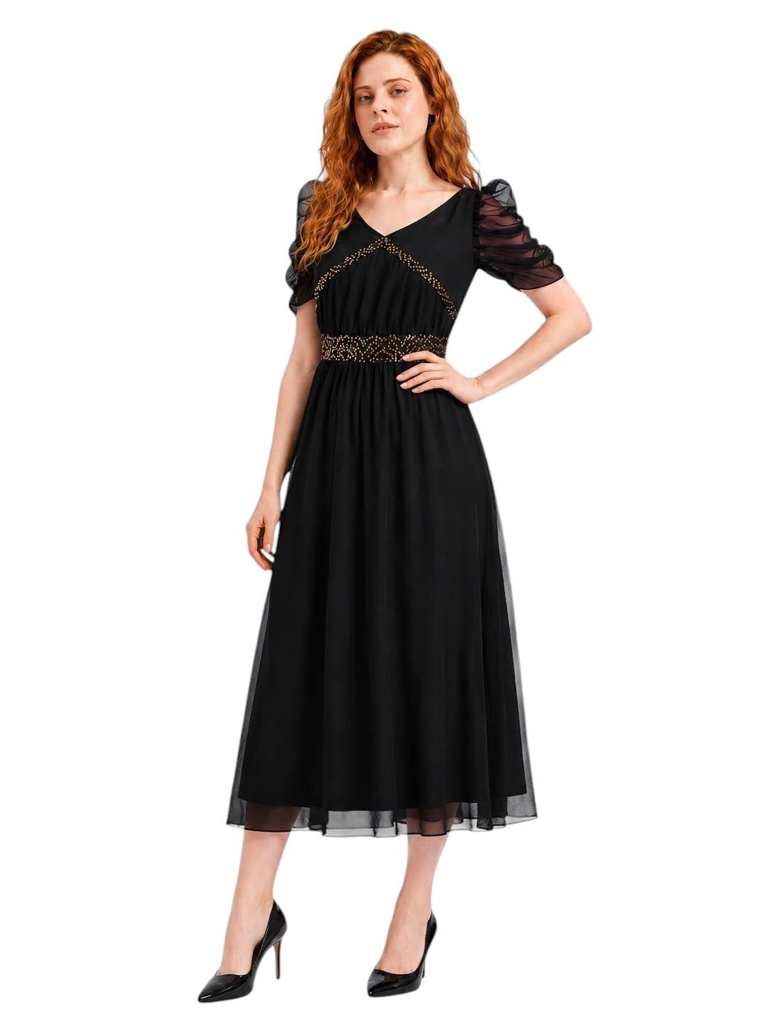 cottinfab Women’s Black Solid Embellished V-Neck Midi Dress-picture-10