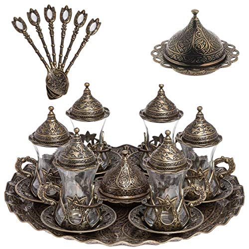 Alisveristime Juego de té turco hecho a mano Zamzam para servir vasos, platillo, bandeja y cuchara (verde auténtico) Cover
