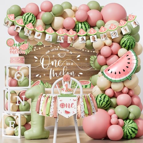One In A Melon Birthday Decorations for Girls Summer Watermelon 1st Birthday Girl Decoration Our Little Sweetie is One IN A Melon Balloon Garland Banner for First Girls Bday Party Decorations Kit