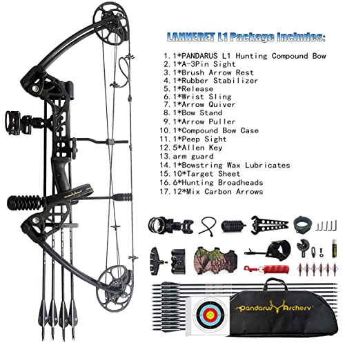 Pandarus Compound Bow Draw Weight 0-70 Lbs For Pull Beginner And Intermediate Archer Fully Adjustable 19.25"-31" With All Accessories, Up To Ibo 320 Fps New 2023(Black Left Handed Bag) #TOP2