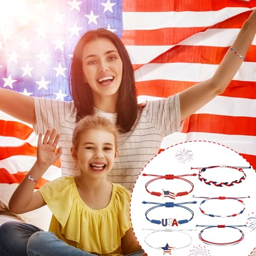 Image of 24 Pcs 4th of July Bracelets Red White and Blue Bracelets Patriotic USA American Flag String Woven Wristband Bulk 4th of July Party Favors for 250th Anniversary Independence Day Parade Supplies