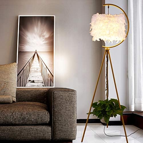 LITFAD Handmade Natural Feather Drum Floor Lamp Post-Modern 1 Head Gold Tripod Floor Standing Light Modern Creative LED Bedside Nightstand Lamp Floor Light for Living Room Bedroom Hotel