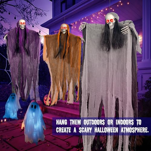 Image of Halloween Decorations,3 Pack Halloween Hanging Skeleton Ghosts with Lighted Up Eyes,Scary Colourful Cloth Grim Reapers for Indoor,Outside Yard Lawn,Haunted House Prop,Party Supplies