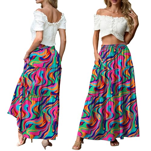Image of Lepunuo Womens Casual Boho High Waisted Flowy Maxi Skirts Tiered Floral Long Skirts with Pockets for Summer Beach Vacation