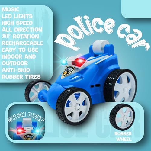 Image of Rechargeable Police RC Stunt Car for Kids | 360 Flip & Spin Remote Control Car with Siren, RGB Light Bar & Flashing Wheels | Toy Vehicle for Boys & Girls Ages 4-10 (368 - Police - Blue)