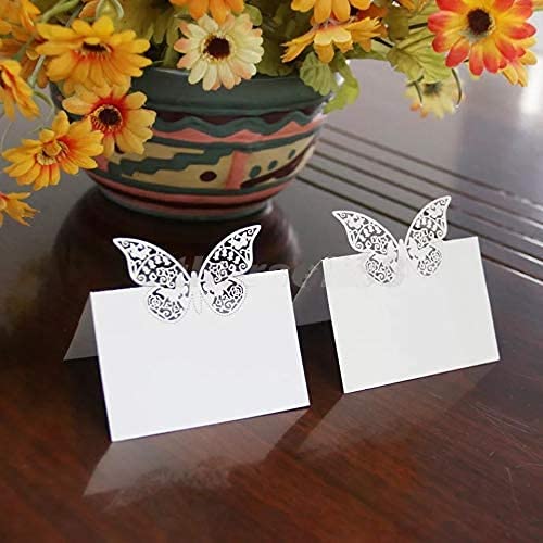 LATRAT 20 Stück weiße Schmetterlingskarten Laserschnitt, Name Platz Karten, Weiß Schmetterling weiße Tischkarten, für Gastgeschenke Geburtstag Tischkarten Hochzeit Party Favor