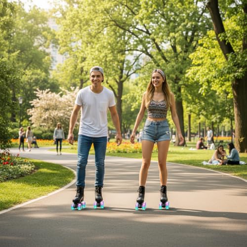 Image of Gets Womens Roller Skates Light Up Wheels, Artificial Leather Adjustable Double Row 4 Wheels Roller Skates Shiny Skates for Teens,Adult