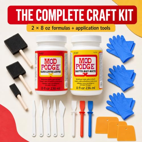 Image of Mod Podge Bundle, 8 Ounce Gloss and Matte Medium Waterproof Sealer, Pixiss Accessory Kit with Foam Brushes, Gloves, Glue Spreaders and More 8oz