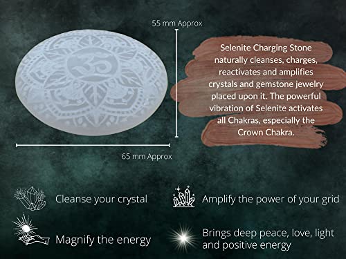 Image of Amazing Gemstone Selenite Palm Stone - OM Engraved Hot Massage Worry Stone for Natural Body Chakra Balancing, Reiki Healing and Crystal Grid