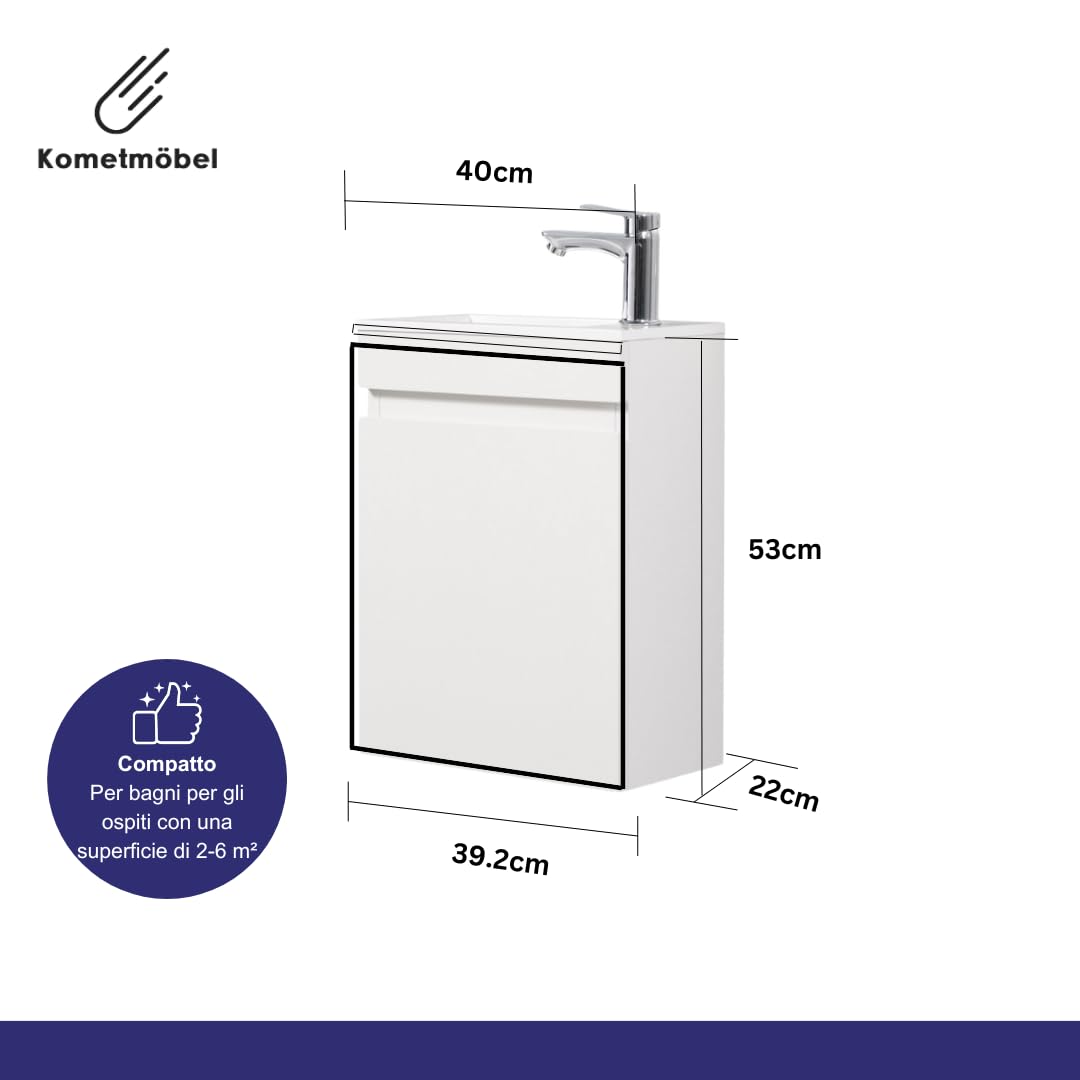 Mobile Bagno Sospeso 40cm con Lavabo in Resina - Mobiletto Salvaspazio per Bagno di Servizio - Già Assemblato (Bianco 40cm, Con Rubinetto Cromo)