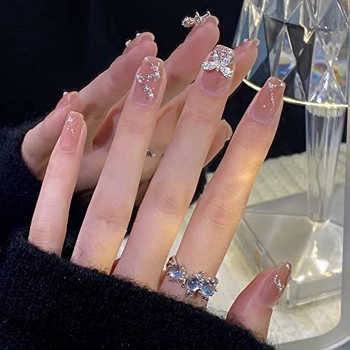 3D Butterfly Fake Nails Rhinestone Press On Nails Short Pink Glitter False Nails Glossy Fake Nails Glue on Nails Full Cover Acrylic Nails for women Girls 24 pcs（Rhinestone Butterfly）