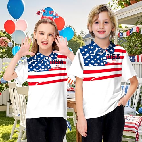 Image of AOBUTE Kids 4th of July Polo American Flag Short Sleeve Button Down Shirts Tops 3-14 Years