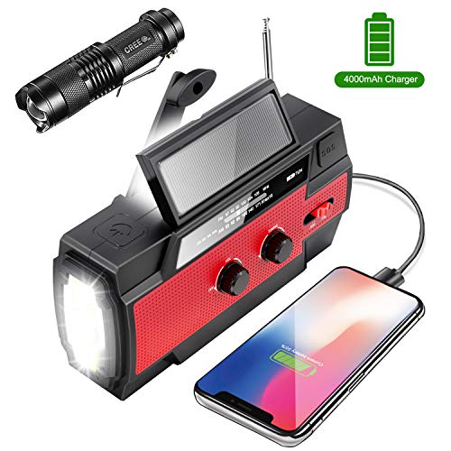 Tintec - Radio de emergencia, 4000 mAh portátil de manivela solar NOAA con AM/FM, lámpara de lectura con sensor de movimiento, cargador de teléfono móvil, alarma SOS y linterna de mano impermeable