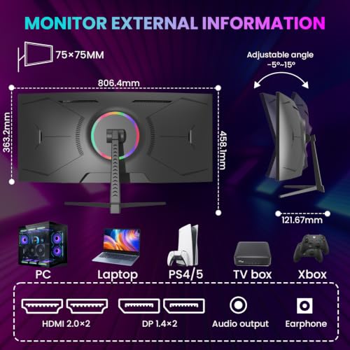 Image of LXZ 34 Inch Curved Monitor 1500R 165Hz, 3440 x 1440 UWQHD Ultrawide Gaming Monitor with FreeSync & G-Sync, PIP & PBP, DisplayPort HDMI - Black