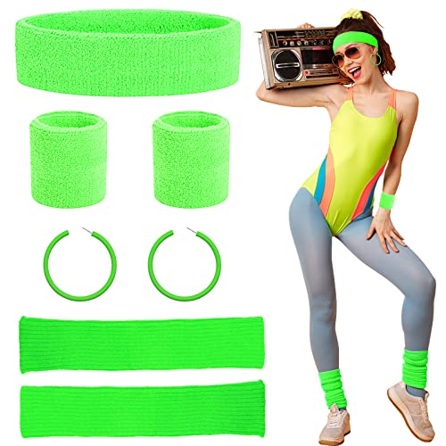 Beamely 80s Headband and Wristband Leg Warmers Party Set for Women and Girls 1980s Neon Fancy Dress Costumes Accessories with Earrings Sport Kit for 80s Retro Them Party Supplies Gym Sport(Green)