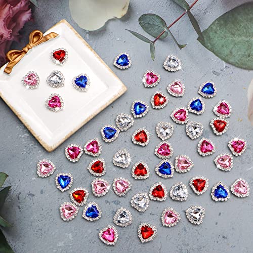 50 Pcs Heart Rhinestone Buttons, Zynery 18Mm Sewing Buttons Embellishments Decoration, 5 Colors Glass Heart Flat Back Rhinestones Nail Charms For Diy Clothing Crafting Jewelry Making (Silver Base) #TOP6