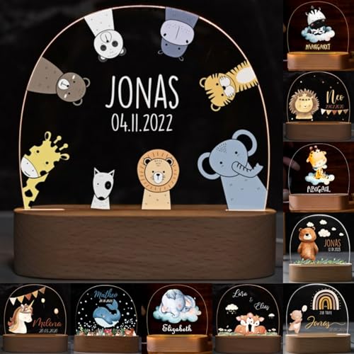 Fallover Lampara Bebe con Nombre, Regalos Bebes Recien Nacidos Originales - Regalo Bautizo Niño - Luz Nocturna Infantil de Metacrilato Base de Madera, Regalos Cumpleaños Navidad Personalizado 0-3 Años