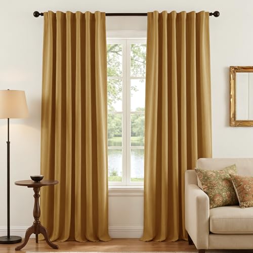 NICETOWN NICETOWN Scratch-Proof 100% Blackout Mustard Yellow Curtains, High-Density Linen Blend Window Treatments Rod Pocket & Back Tab Thermal Drapes for Living Room, W52 x L84, 2 Panels