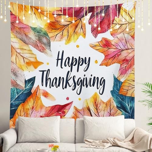 Shrahala Happy Thanksgiving Tapestry, Purple Yellow Watercolor Autumn Leaves Wall Hanging Hd Print Polyester Backdrop For Dorm Room Bedroom 78.7 X 90.6 In