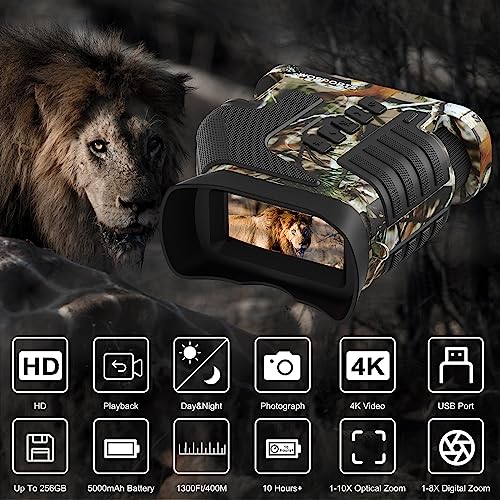 Image of WOSPORTS 4K Night Vision Goggles- 10X Optical & 8X Digital Zoom, 1315FT Infrared Range, Rechargeable 5000mAh Battery, IPX Waterproof, Ideal for Camping - Camo