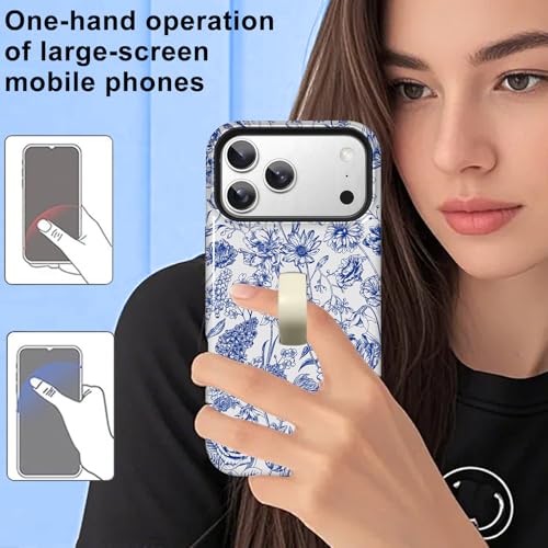 Image of Magnetic for iPhone 17 Pro Max Case with Finger Strap Kickstand [Compatible with Magsafe] Cute Flower Floral Pattern Design, Dual-Layer Shockproof Protective Cover for Women Men, Blue