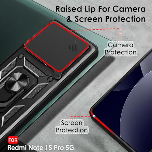 Image of TheGiftKart Tough Armor Bumper Back Cover Case for Mi Redmi Note 15 Pro 5G | Rotating Camera Cover, Kickstand & Ring Holder | 360 Degree Protection Back Cover Case (PC & TPU, Black)