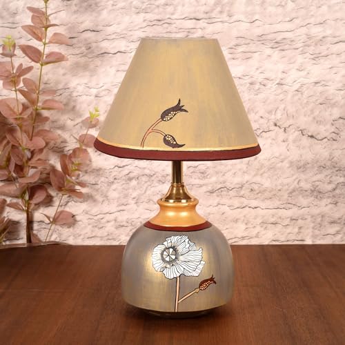 Image of AAKRITI ART CREATIONS Terracotta Table Lamp for Study Room, Bedroom & Living Room Decoration | Floral Flying Bird Silhouette Bedside Lamp with Cotton Fabric Shade | Aesthetic Night Lamp