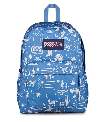 Image of JanSport SuperBreak Plus Backpack with Padded 15-inch Laptop Sleeve and Integrated Bottle Pocket - Spacious and Durable Daypack for Work and Travel, Yeehaw And Horses Elemental Blue /Cream