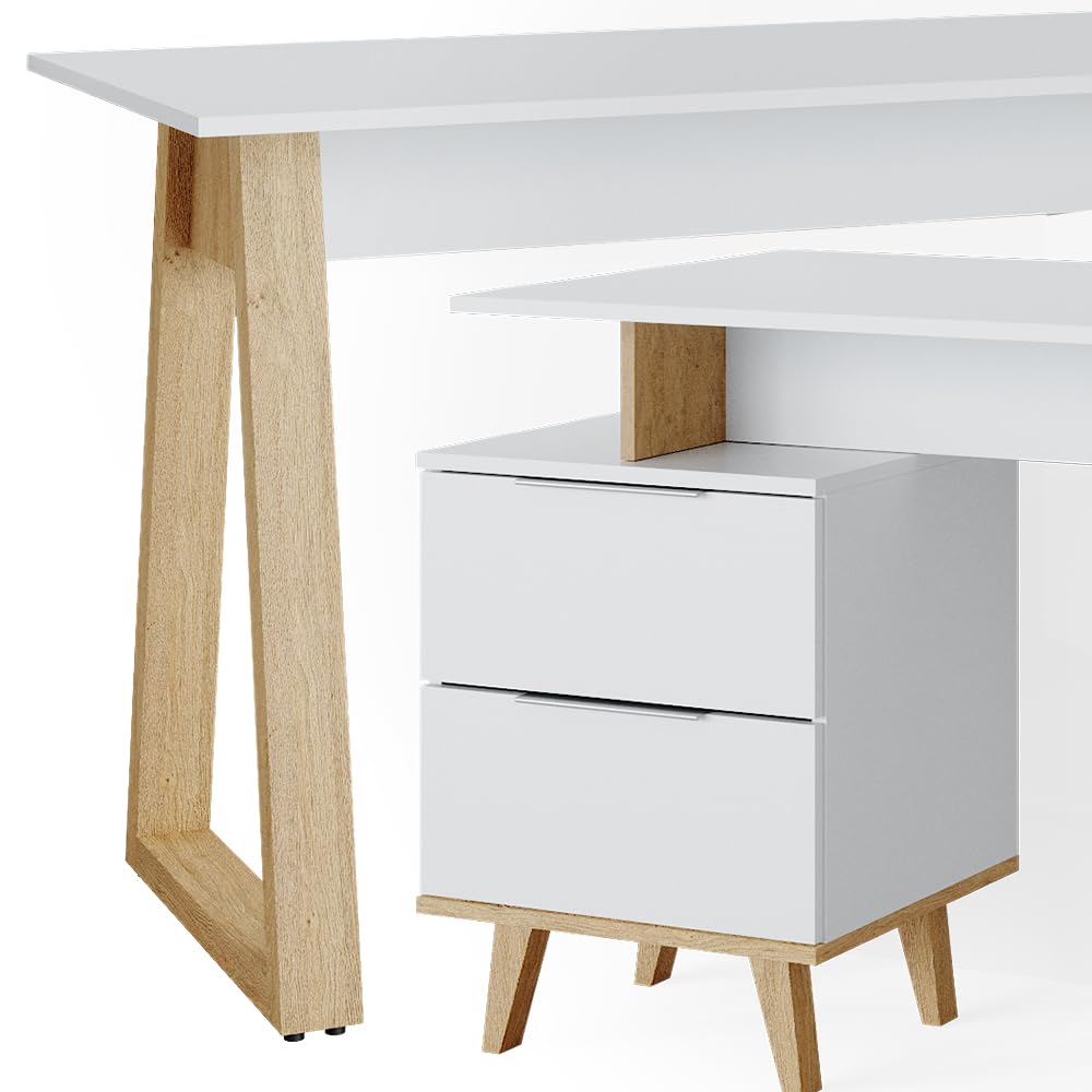 Vicco Scrivania Nautica, Bianco, 138 x 60 cm | con cassetti L, adatto per postazioni di lavoro al computer e uso in home office