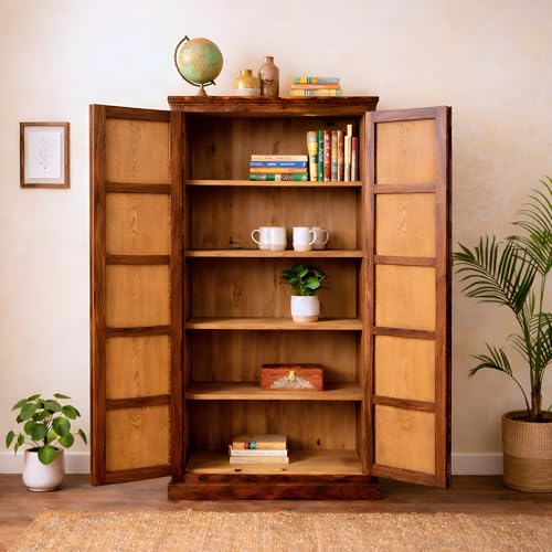 Image of Modern Furniture Boho Sheesham Wooden Crockery Cabinet with Door | Solid Wood Multipurpose Storage Cabinets for Living Room Home & Kitchen | Book Shelf Wooden - Natural Finish