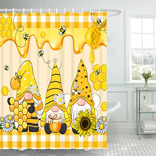 Gnome Bee Shower Curtain, Spring Summer Daisy Sunflower Floral Shower Curtain, Yellow Buffalo Plaid Shower Curtain Set, Sweet Honey Bee Decor Waterproof Bathroom Decoration Bathtub Decor 72"X72" #TOP2