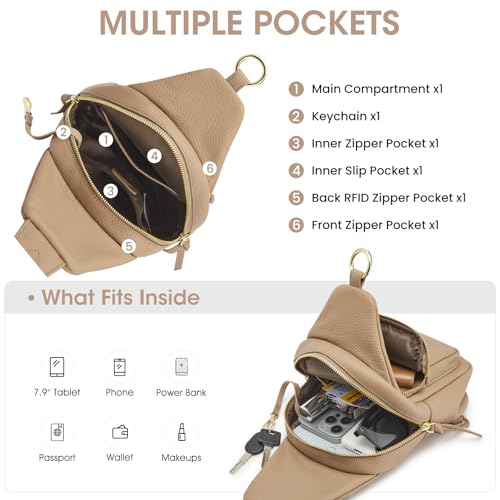 Image of Kattee Small Leather Sling Bag for Women with RFID Blocking,Tan | Top grain pebbled leather with RFID blocking, multiple pockets, and a convertible strap for travel.