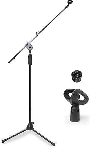 Miniatura 1 de AxcessAbles - Soporte de micrófono con una sola mano con ajuste de altura de embrague, base de trípode, brazo telescópico, ajuste de altura de