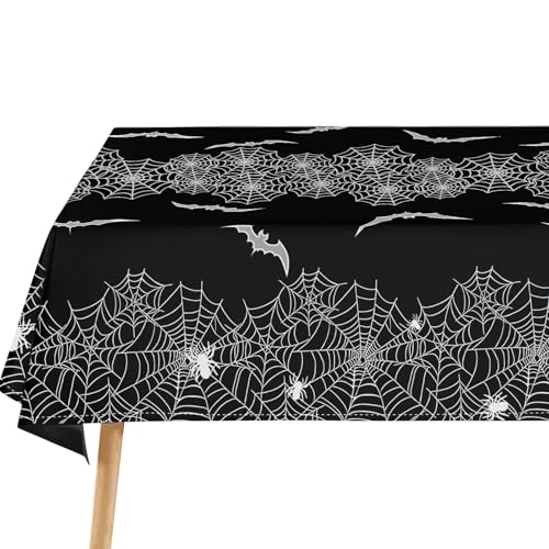 Halloween Tablecloth 60x120 Inch Rectangular Spider Web Bat Table Cover Washable Wipeable Polyester Tabletop for Dining Kitchen Party Holiday Decor