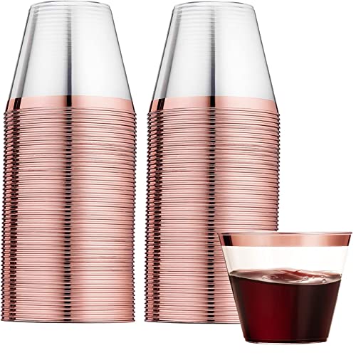 LATERN 60 Pièces Gobelets en Plastique Bordés D'or Rose, 270ml Réutilisables pour Champagne Bière Cocktail Martini Soda (8,9 x 7,1cm)