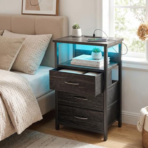 Image of Fixwal Night Stand with Charging Station, LED Nightstand with Fabric Drawers, End Table with PU Finish, Bed Side Table, Black Oak