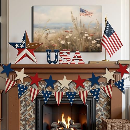 Image of Framed American Flag Wildflower Field Wall Art, Patriotic Rustic Canvas Art Pictures, USA Flag Coastal Meadow Wall Decor, Made in USA Ready to Hang for Living Room Bedroom