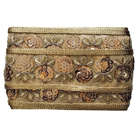 Trimming Shop Golden Sequin Studded Indian Lace Floral Design Decorative Ribbon for Sewing, Crafting, Embellishment Wedding Bridal Dresses, Fashion Garments, 65mm Wide, 4 Metres Cover